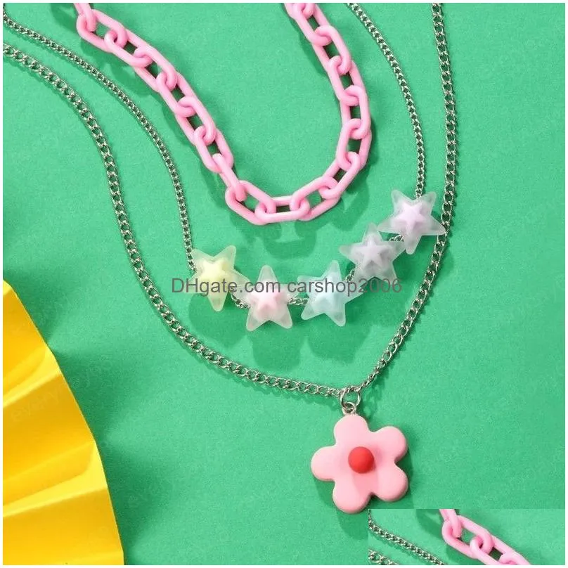 3pcs/set pendant necklace for women pink flower stars link chain statement necklaces collars party jewelry gift