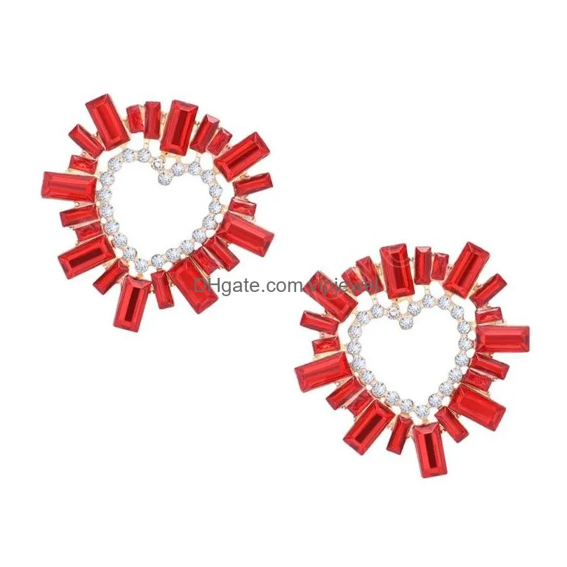 shiny love heart stud earrings for women luxury geometric rhinestone crystal earrings korea jewelry wedding brincos