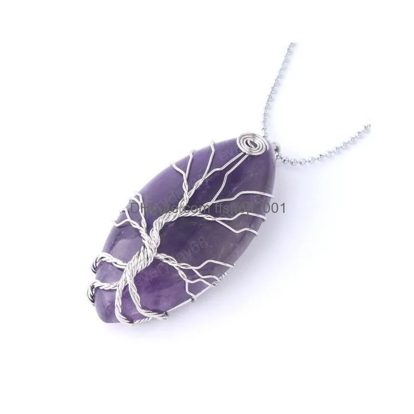 natural stone marquise shape necklace pendant purple crystal lava quartz silver color wire wrap tree women men jewelry
