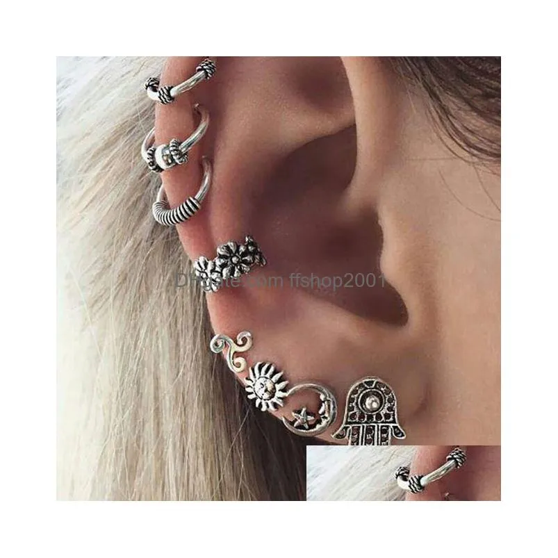 8pc/set bohemia earrings moon sun hand design ear stud for women antique ear cuff ear bone piercing earrings