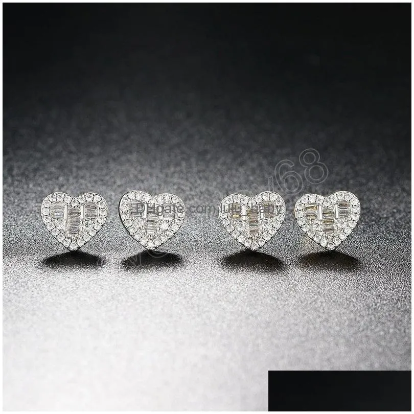 men women fashion yellow white gold plated bling cz heart studs earrings jewelry nice gift for friends