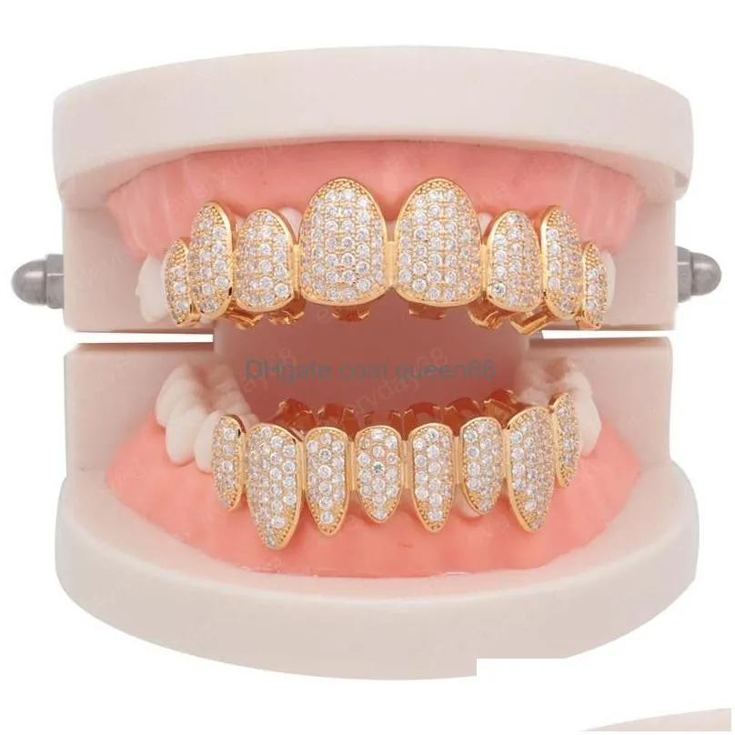 hip hop teeth grillz top bottom set for men gold silver micro pave cz bling iced out jewelry