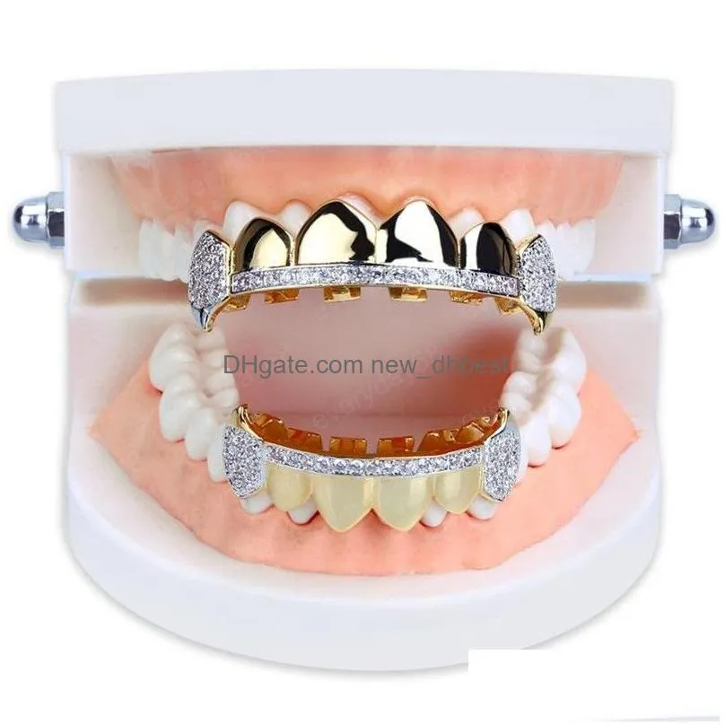 hip hop smooth bling cz teeth grillz set for mens top bottom faux dental tooth grills women hiphop body jewelry gift