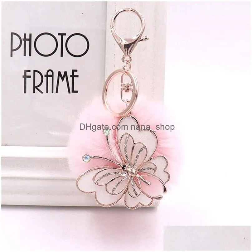 fashion plush pompom pendant keychains women girls retro enameled metal butterfly keyrings key holder bags hanging decorations