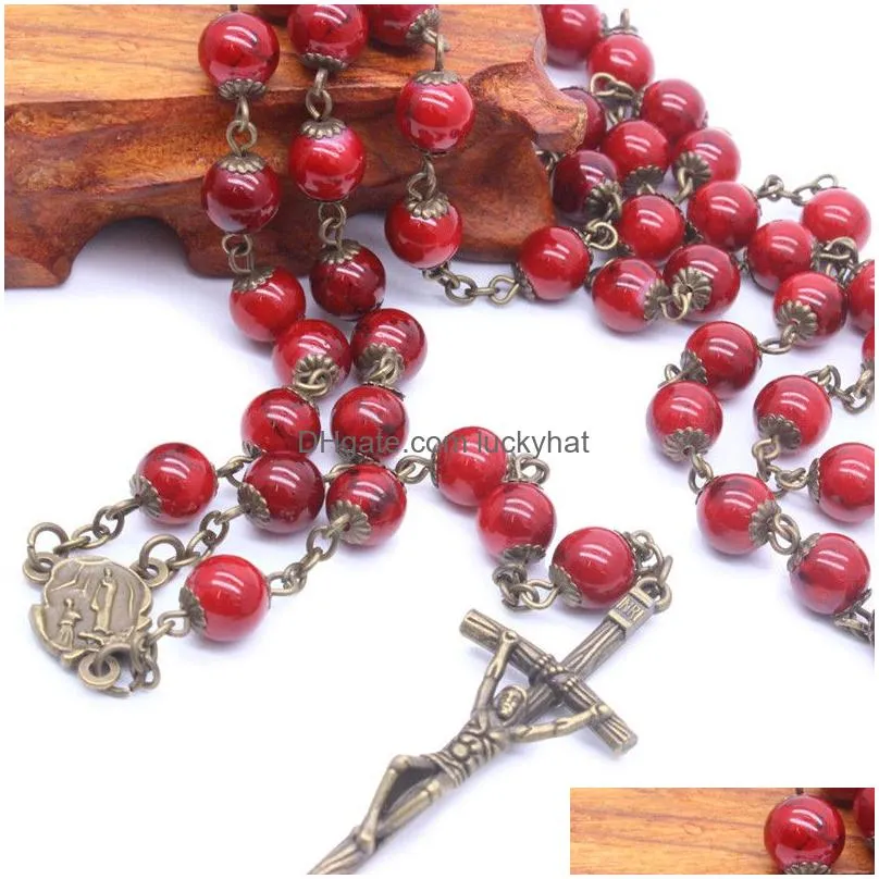 vintage catholic religious jewelry christian ancient bronze glass beads long pendant cross rosary necklace