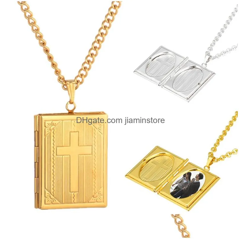 christian gift women photo frame link chain gold silver color cross bible book pendant necklace