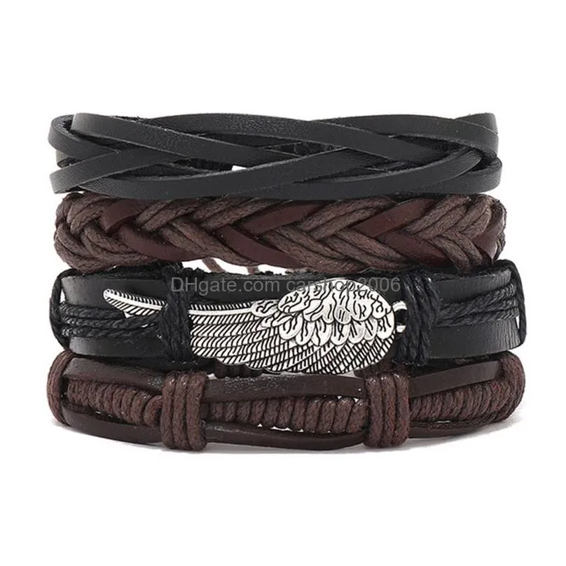 vintage multiple layers leather bracelet set for women men leaf cross handmade braided wrap charm bracelet jewelry accessories