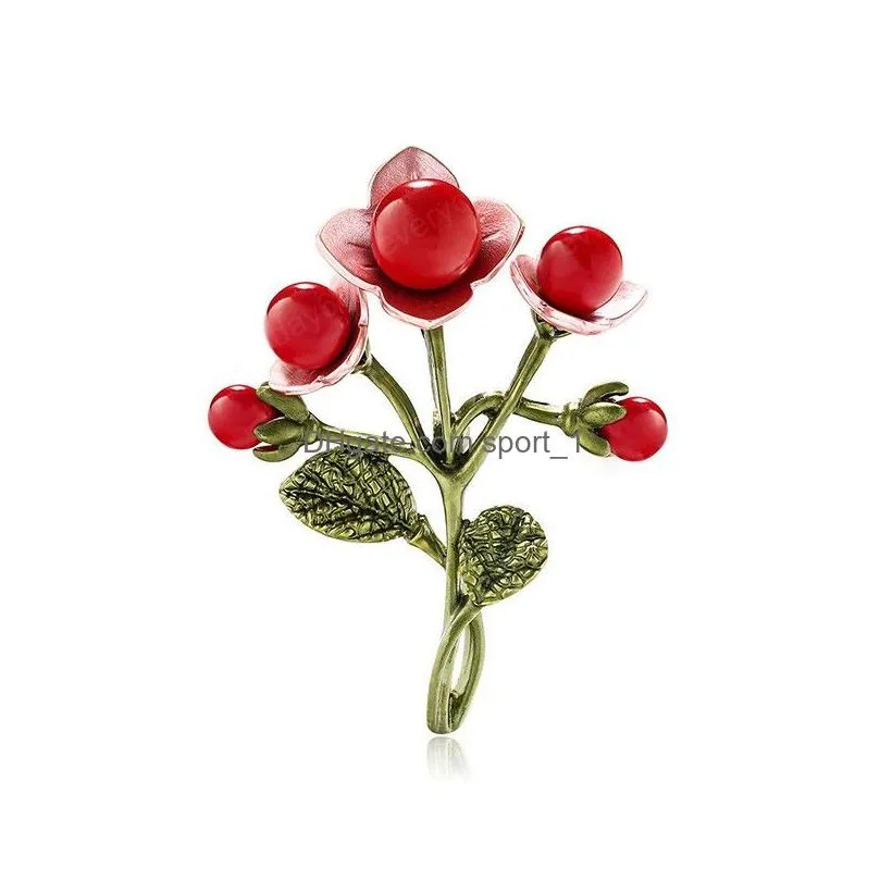 trendy pine shape red flower brooch for women green leaf cherry brooches suit lapel pin clothing scarf