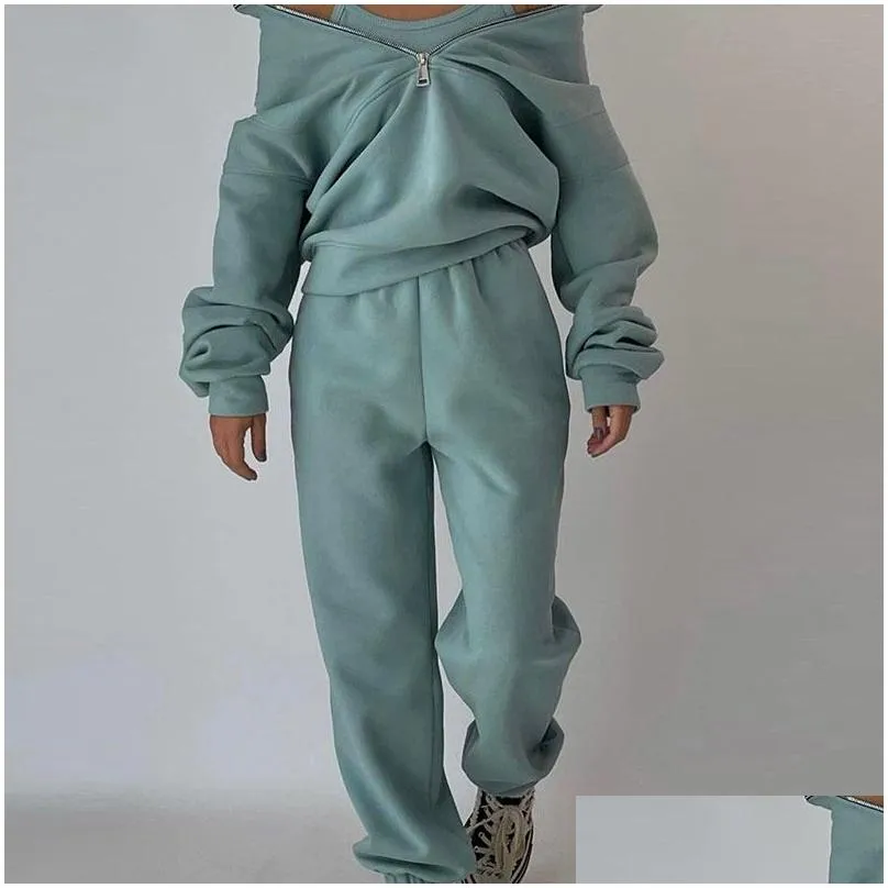 womens tracksuit casual solid long sleeve hooded sport suits autumn warm hoodie sweatshirts and long pant fleece two piece setsxymy