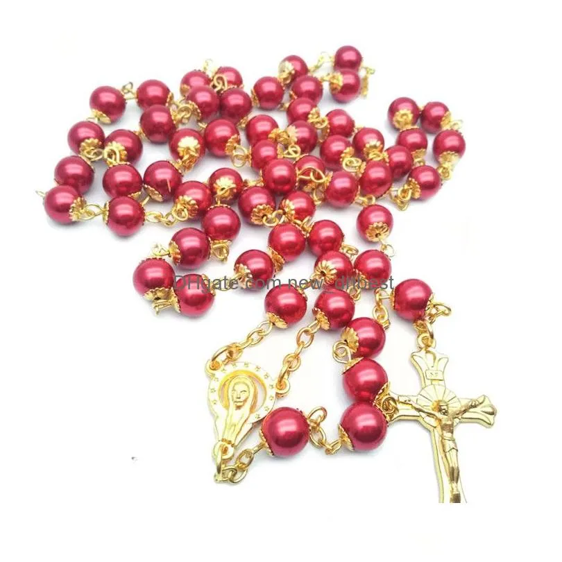 religious jewelry 8mm jesus christ white pearl catholic cross rosary necklace