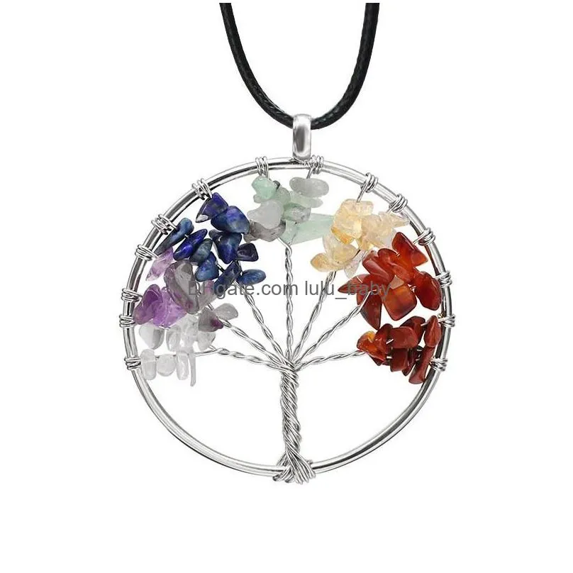 natural crushed stone handmade necklace crystal quartz tree of life pendant necklace 7 chakras gemstone charms mothers day gifts