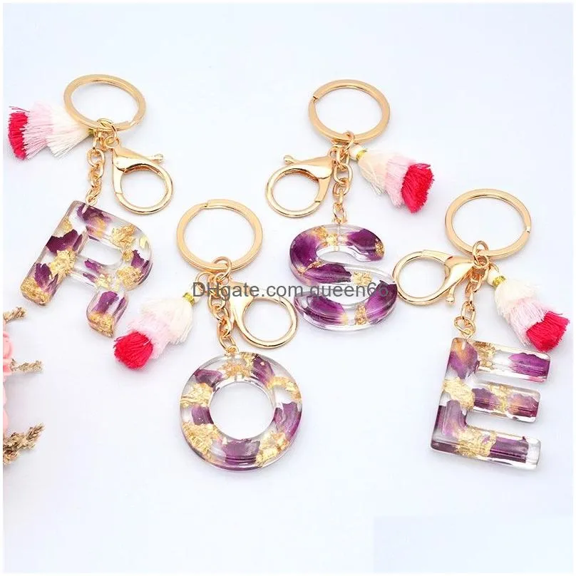 letter pendant keychains rose petal gold foil paperresin key chains for women car keyring holder charm bag couple bag gifts