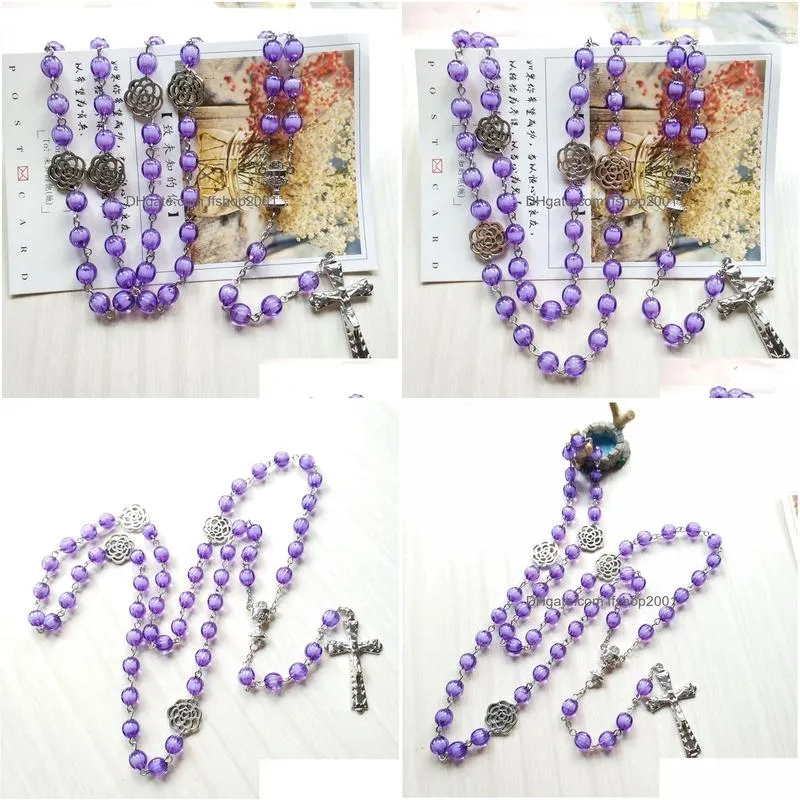 purple acrylic vintage rosary necklace long cross pendant necklace religious pray jewelry gifts
