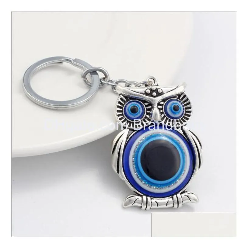 unique blue owl pendant jewelry keychain good quality turkey evil eye alloy key chain charm kids gifts