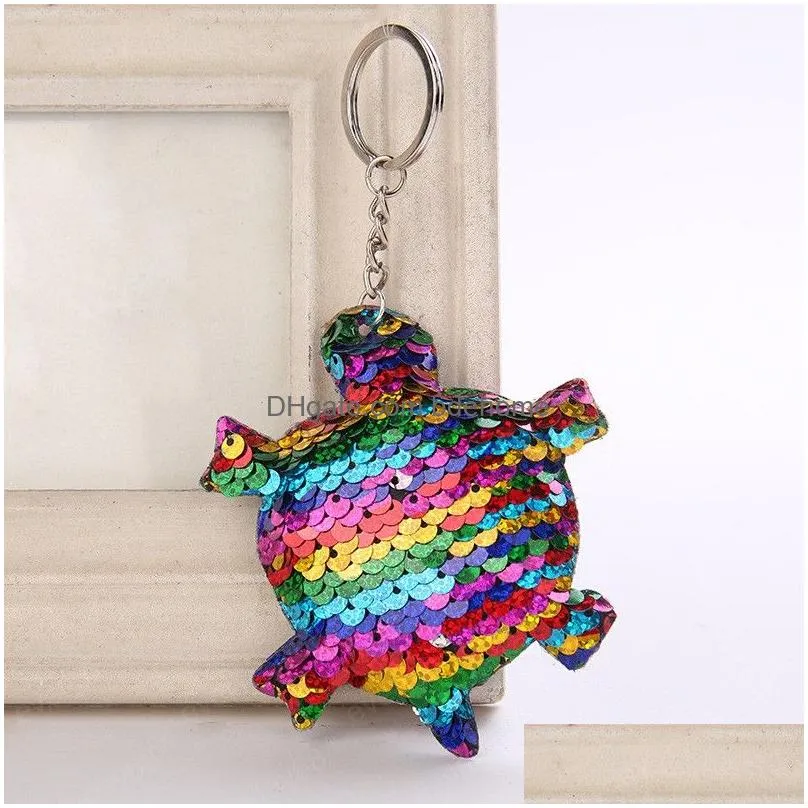fashion glitter sequins key chain shiny keychain animal tortoise keyrings for women bag pendant jewelry