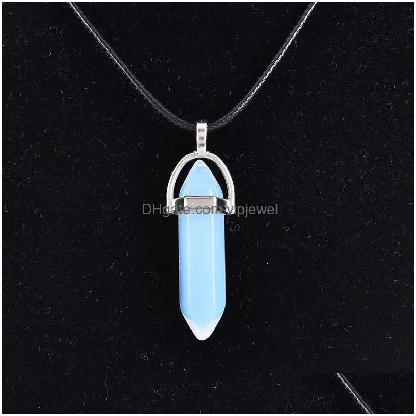 hexagonal column turquoise pink crystal pendent necklace for women quartz necklaces leather chain natural stone pendant necklace