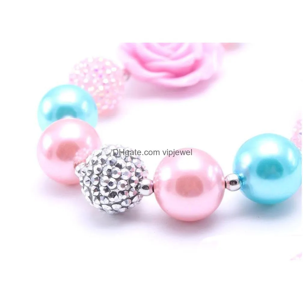 fashion pink flower kid chunky necklace est designable bubblegum bead chunky necklace children jewelry for toddler girl