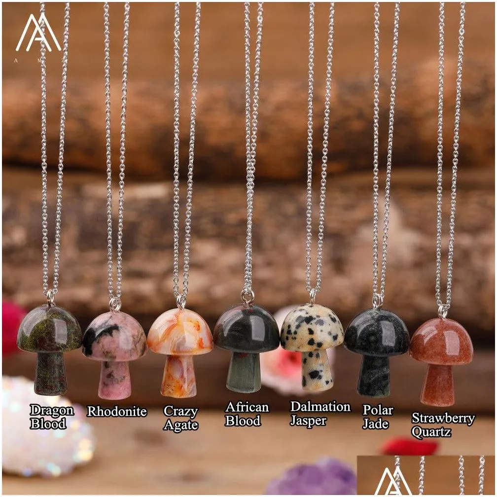 carved gemstones mushroom pendant charms stainlesssteel chain women healing crystals figurine pendant necklace jewelry