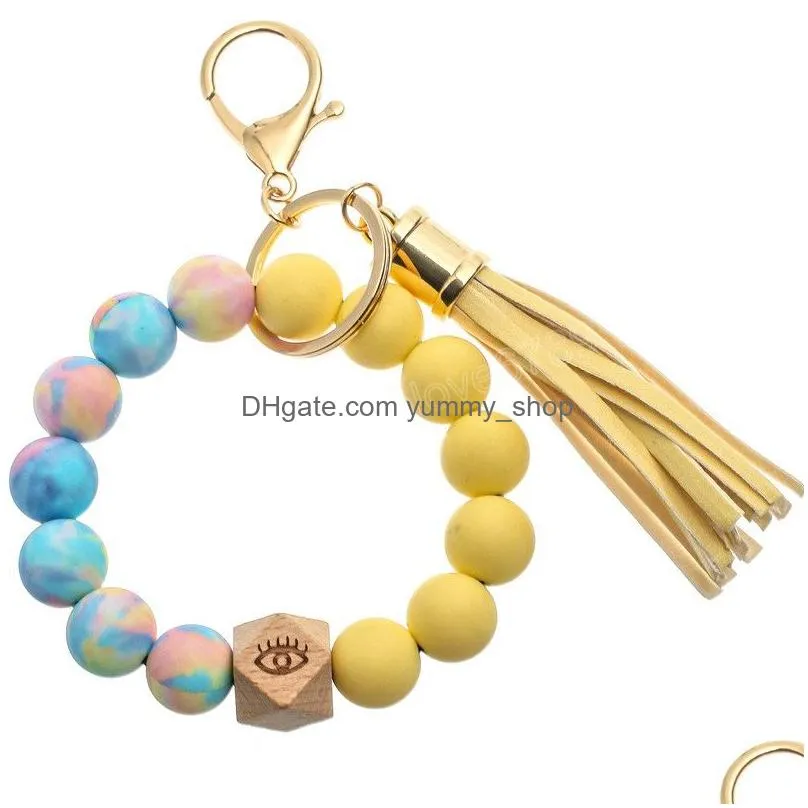 colorful silicone beaded bracelet keychain ladies girls tassel keyring jewelry accessories