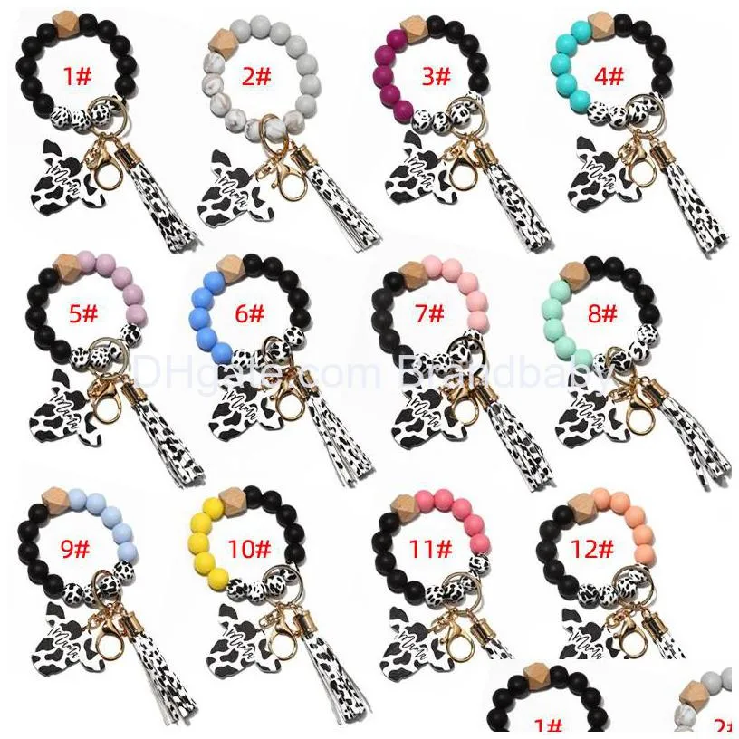 silicone beads key chain for keys colorful wristlet bracelet jewelry milch cow pu tassel charm car key ring charms wholesale