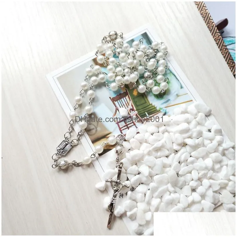 vintage jesus cross rosary necklace white acrylic long religious necklace pray jewelry