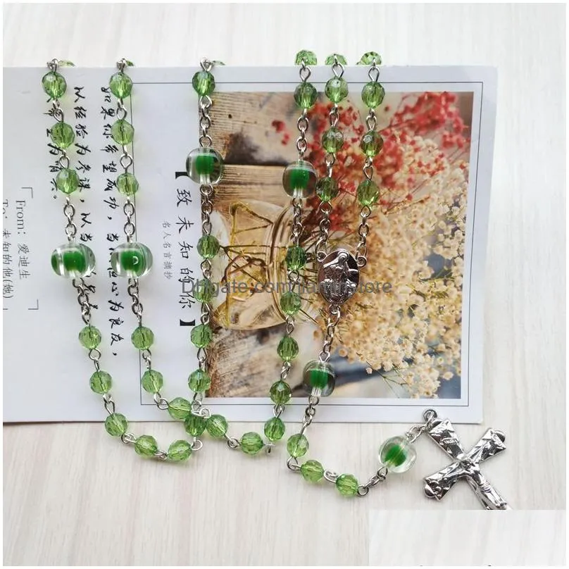 green acrylic rosary necklace long vintage cross strand necklace religious pray jewelry gifts