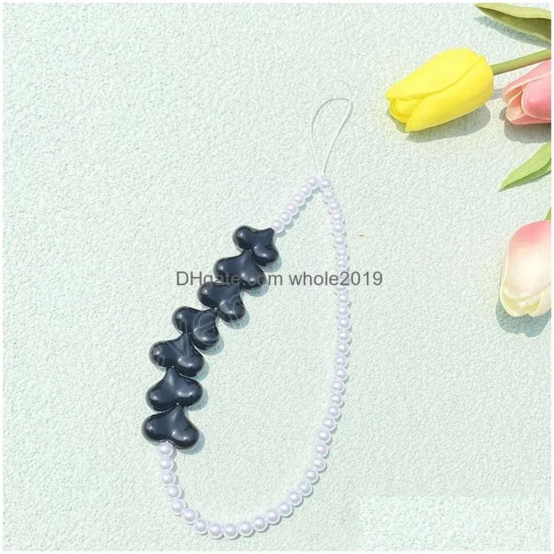 fashion cute resin heart phone chain imitation pearl beaded antilost lanyard wrist strap for women mobile phone lanyard jewelry gifts