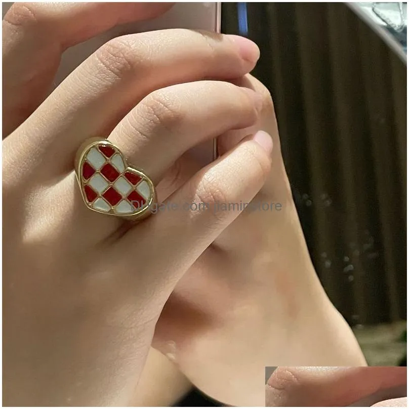korean love gold color ring ins style red plaid pattern ring for women elegant jewelry accessories