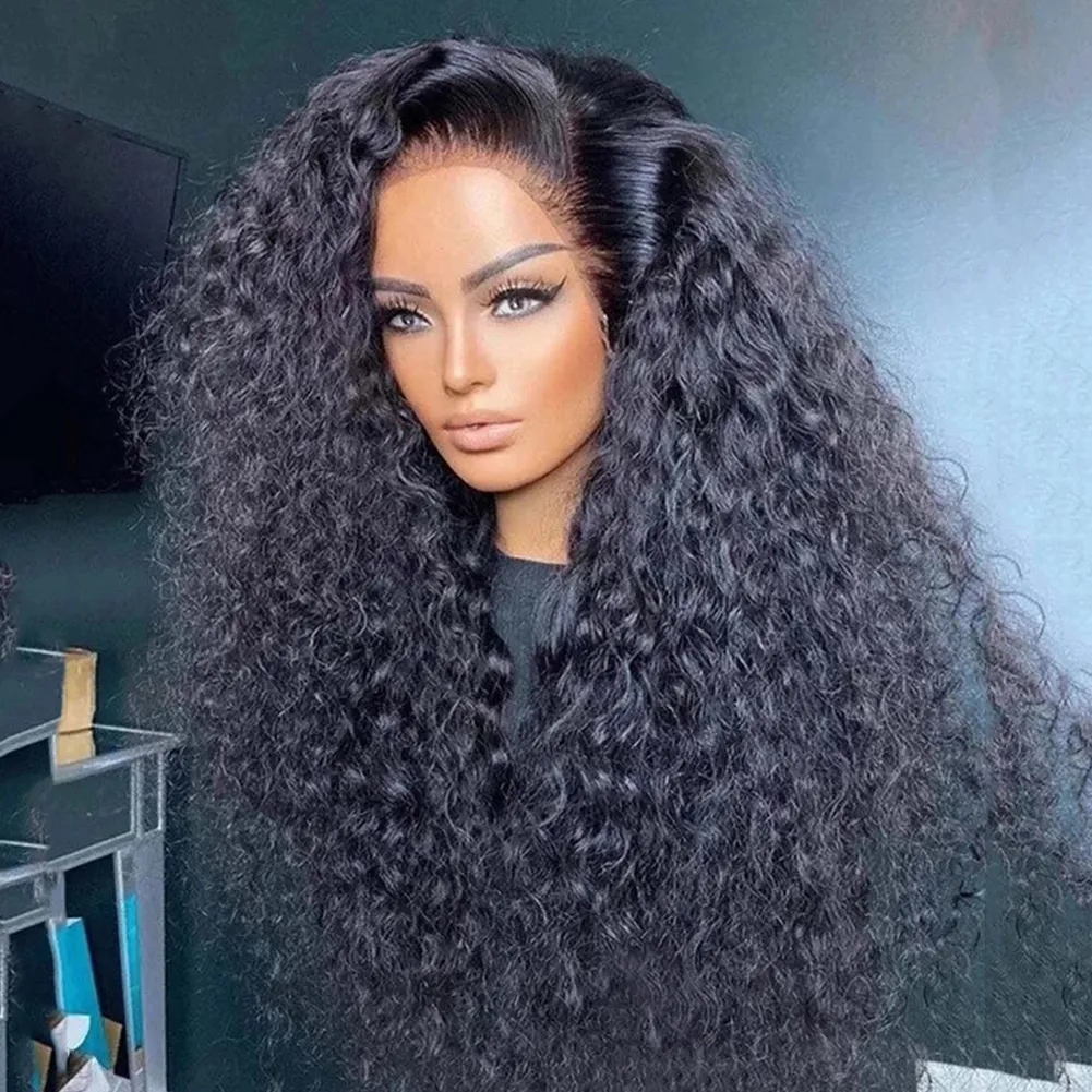 200 Density Natural Black Curly Lace Front Wig Human Hair 13x4 Kinky Curly Lace Frontal Wig Brazilian Transparent Lace Synthetic Wigs