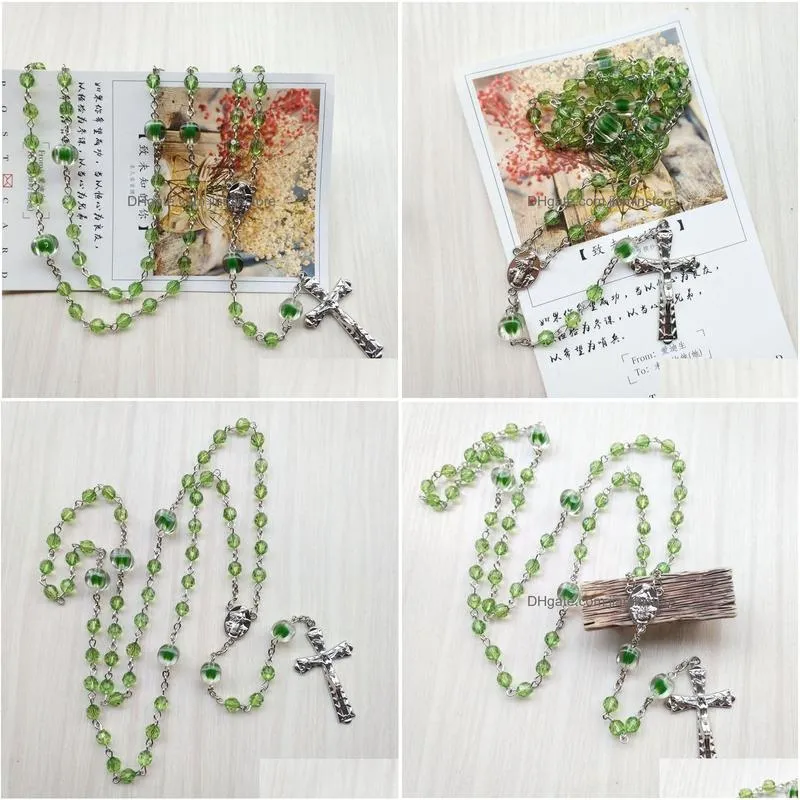 green acrylic rosary necklace long vintage cross strand necklace religious pray jewelry gifts