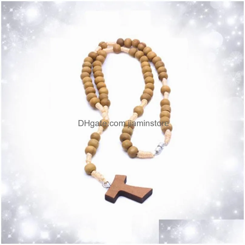 fashion religious accessories handwoven cross pray wooden rosary necklace