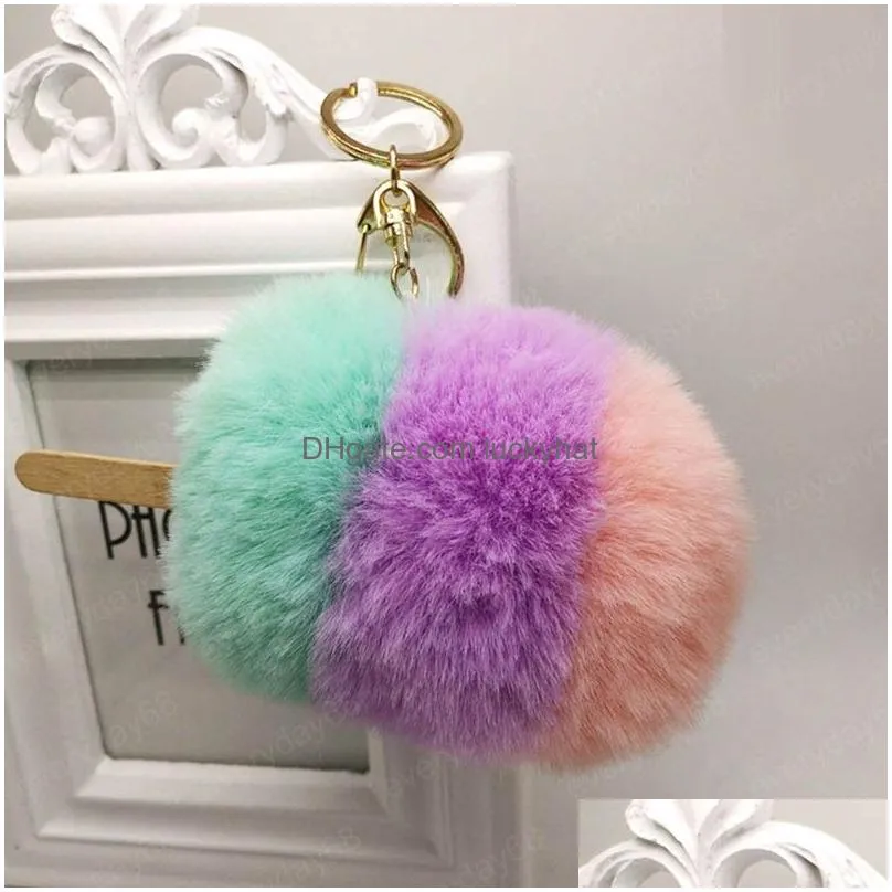 cute ice cream hair ball keychain bag pendants faux fur pompom key chains for women key ring fashion plush pom poms