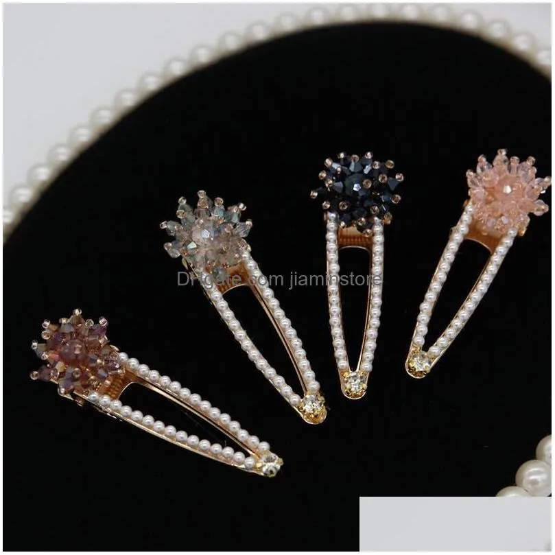 ladies bling headwear crystal rhinestone flower hair clips pearl barettes girls hairpin accessories