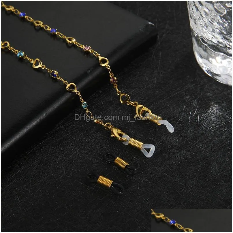 luxury stainless steel face eyeglasses chain crystal hollow heart straps sunglasses glasses accessories