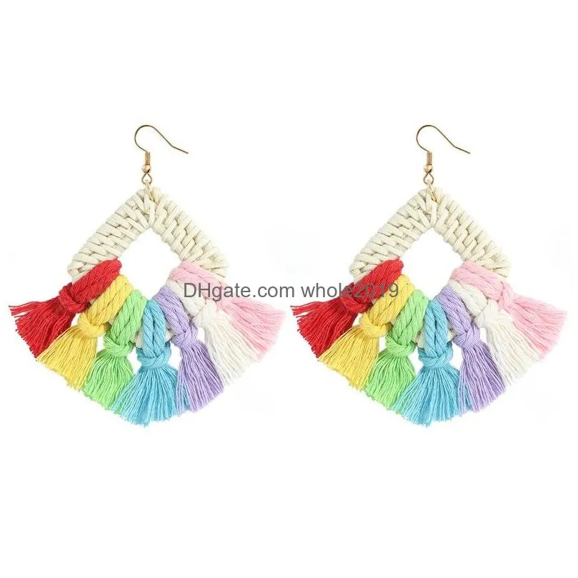 rainbow tassel earrings bohemian handmade wooden rattan cotton thread fringed dangle earrings statement female jewelry