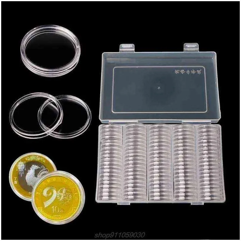 100 coin holder capsules 27mm round box plastic collectibles storage organizer m19 21 dropship 211112