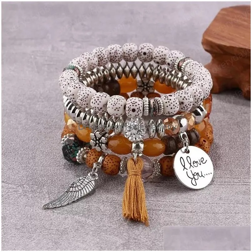love charms bracelets fashion wing round pendant rice beads beaded bangle women lover couples gift bohemian colorful multilayer elastic handmade jewelry