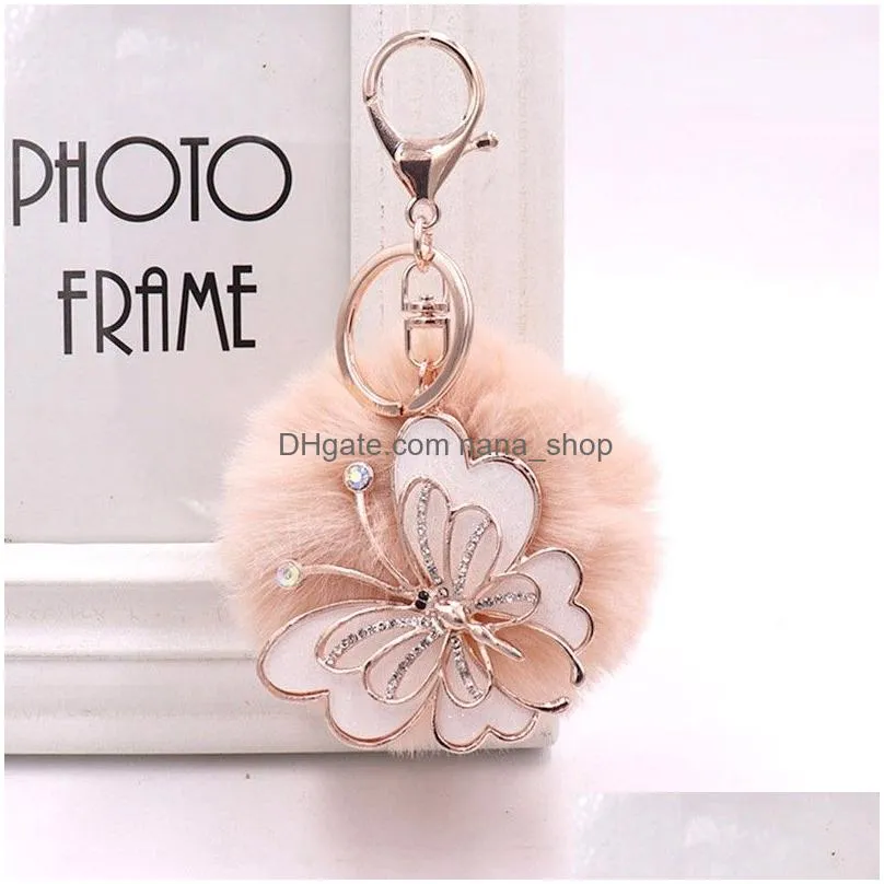 fashion plush pompom pendant keychains women girls retro enameled metal butterfly keyrings key holder bags hanging decorations