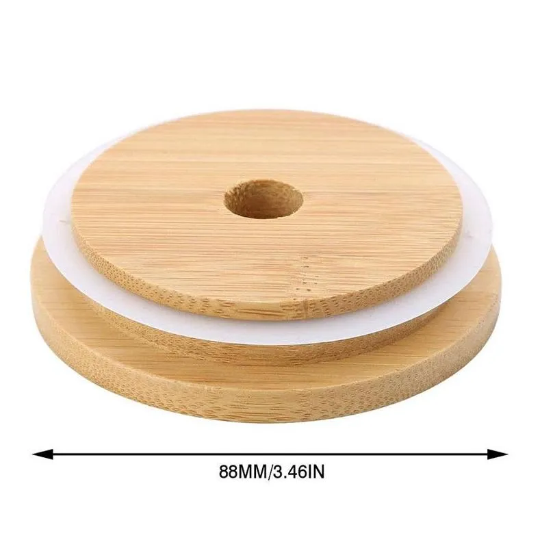 bamboo cap lids 70mm 88mm reusable bamboo mason jar lids with straw hole and silicone seal