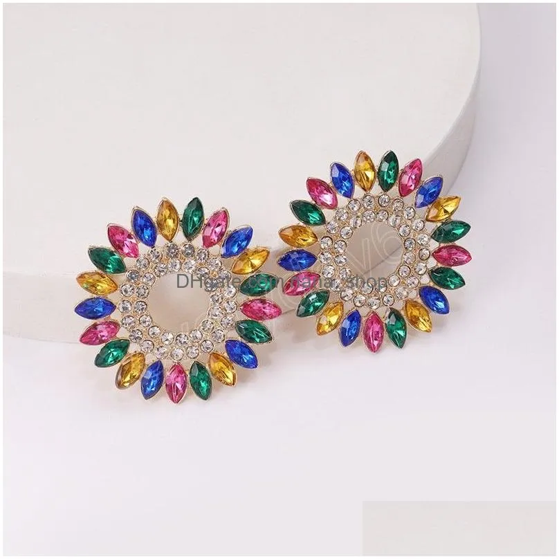 sparkly rhinestone round stud earrings for women boho multicoloured crystal flower earrings charms jewelry party bijoux
