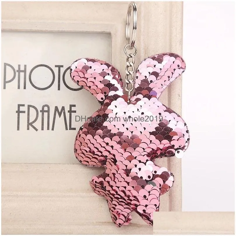 cute rabbit keychain glitter pompom sequins key chain gifts for women car bag accessories key ring