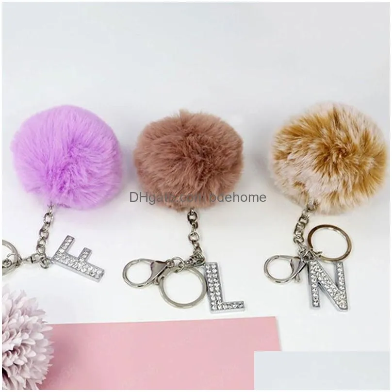 fluffy multicolor pompom faux rabbit fur ball keychains crystal letters key rings key holder trendy jewelry bag accessories gift