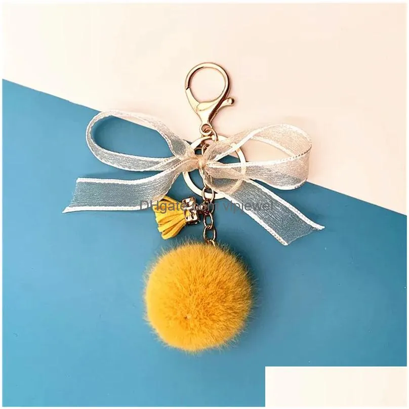 soft pom fluffy plush charm ball tassel keychains colorful faux fur fluffy keychain for women