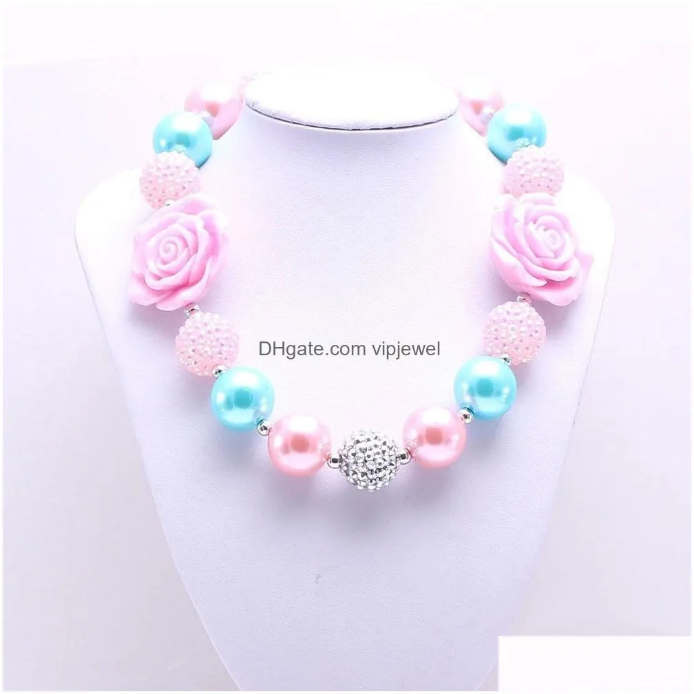 fashion pink flower kid chunky necklace est designable bubblegum bead chunky necklace children jewelry for toddler girl