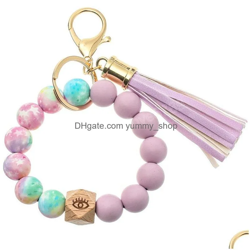 colorful silicone beaded bracelet keychain ladies girls tassel keyring jewelry accessories