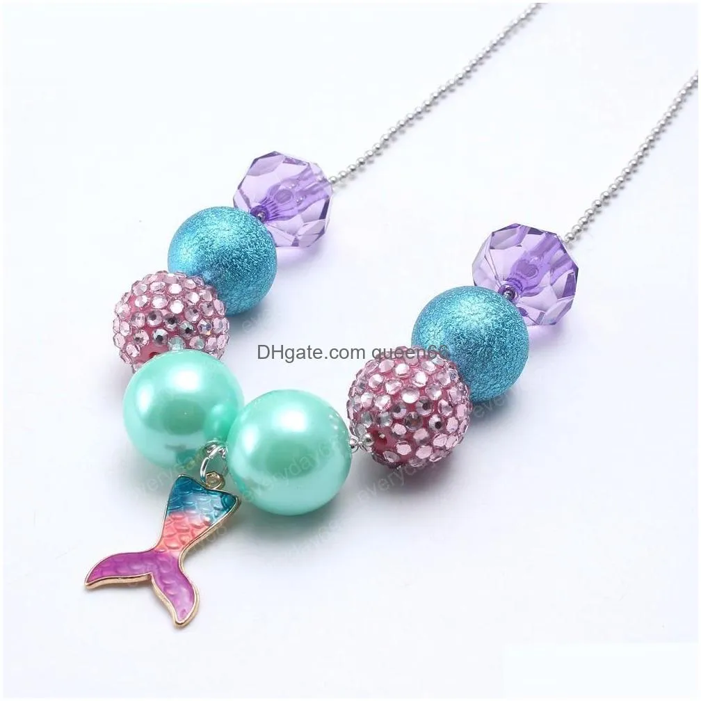 cute kids girl chunky beads necklace with mermaid tail pendants fashion long chain necklace chunky jewelry