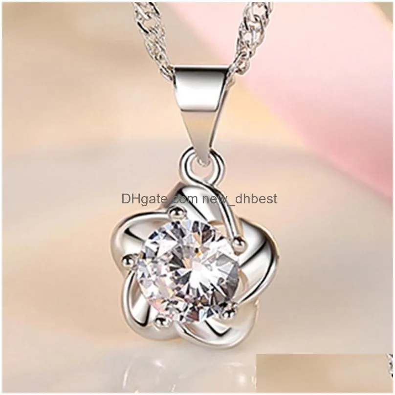 925 sterling silver woman fashion jewelry high quality crystal zircon plum blossom flower pendant necklace length 45cm