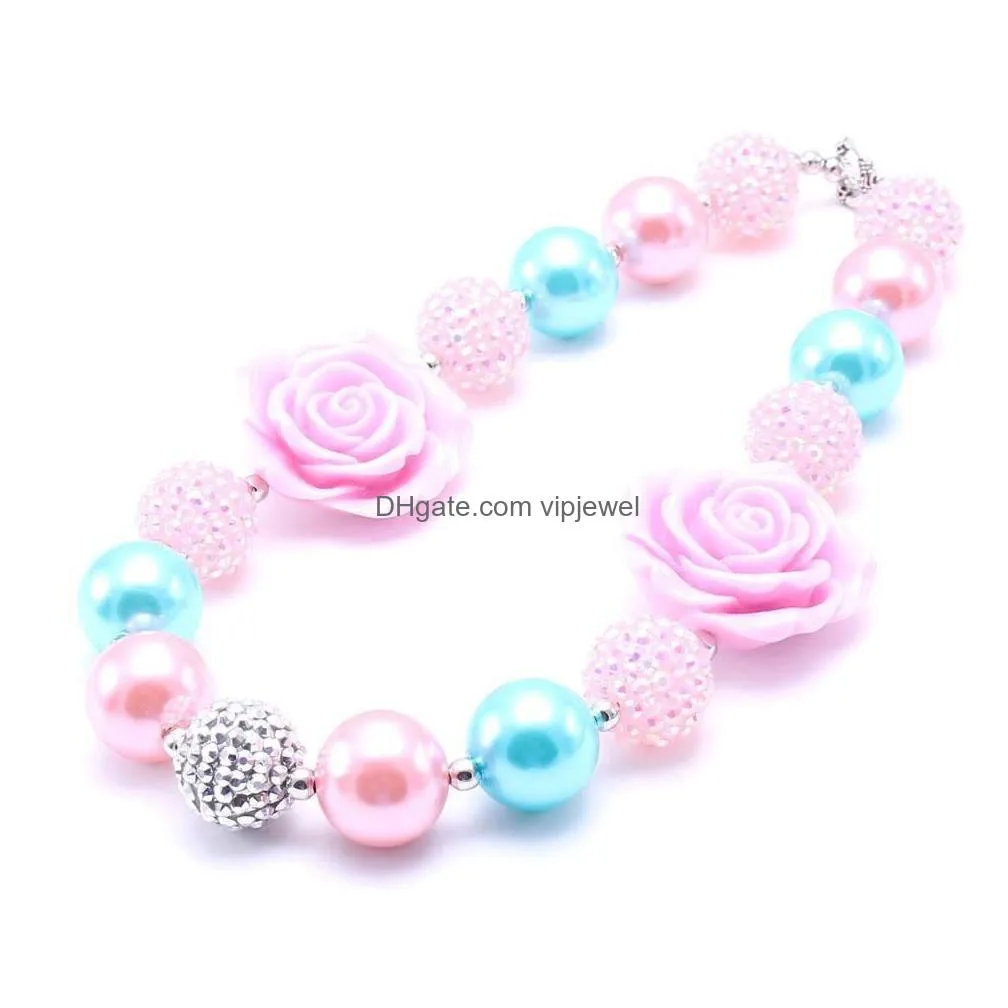 fashion pink flower kid chunky necklace est designable bubblegum bead chunky necklace children jewelry for toddler girl