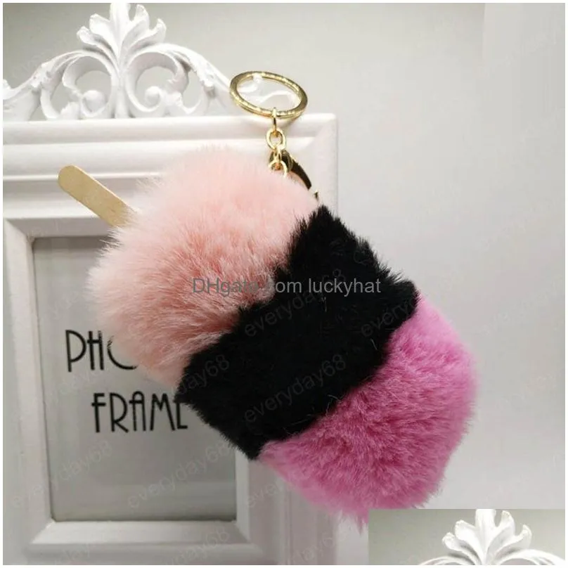 cute ice cream hair ball keychain bag pendants faux fur pompom key chains for women key ring fashion plush pom poms