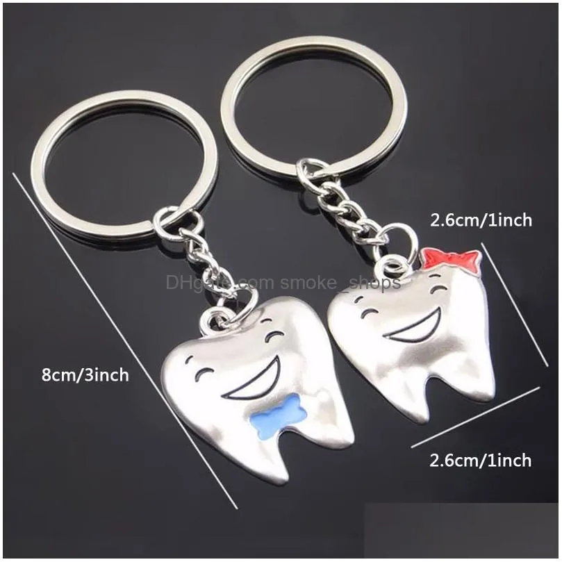 wholesale lovely metal mini tooth keyring unisex bag car key chain accessories gift 2 colors smile teeth pendant keychain dh1215